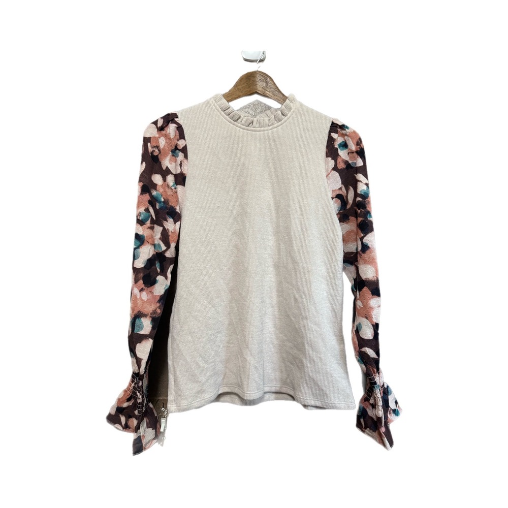 THML Mixed Media Top Womens Small Cream Floral Ruffle Smocked Long Sleeve Exc